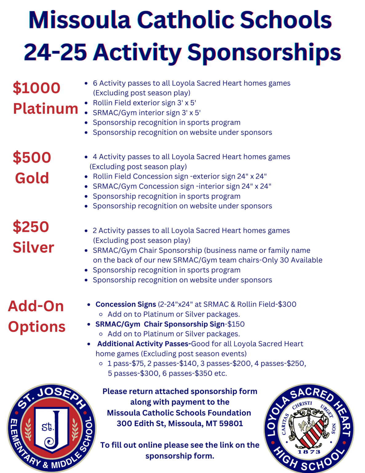 ACTIVITY PASSES AND SPONSORSHIP Missoula Catholic Schools